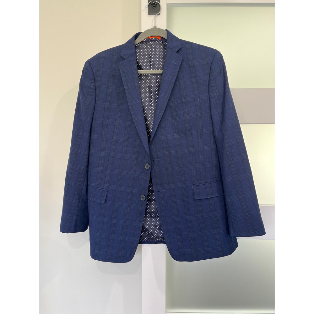 Tallia Boys Blue Plaid 100%‎ Wool Blazer Jacket Size 18H Polka Dot Lining